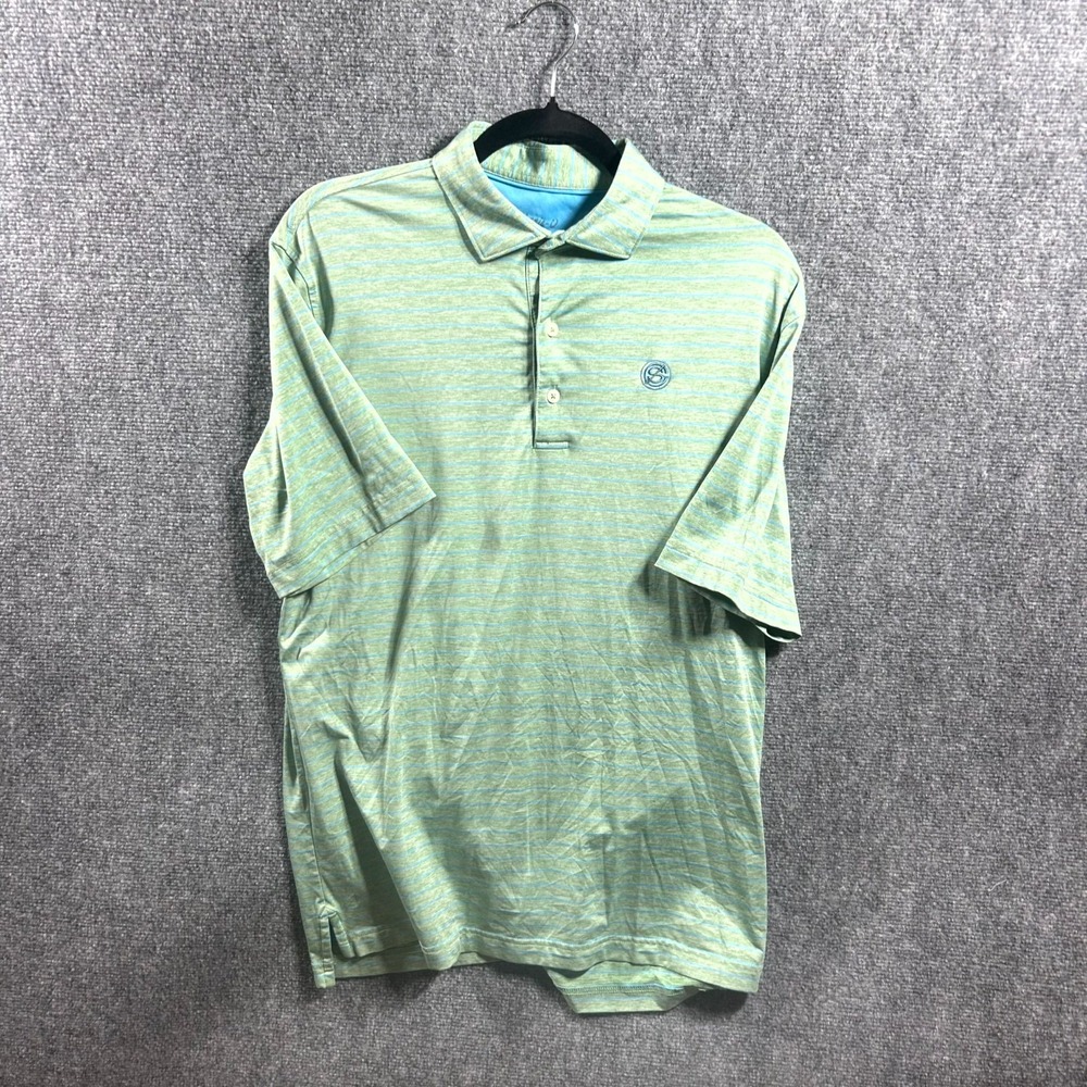 Johnnie-O Polo Shirt Mens Size M Green Blue Striped Golf Short Sleeve Casual